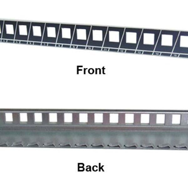 פאצ פנל 19" 1U מסוכך עם 16 פורטים ללא קונקטורים, מתאים לקיסטונים CAT5e בלבד